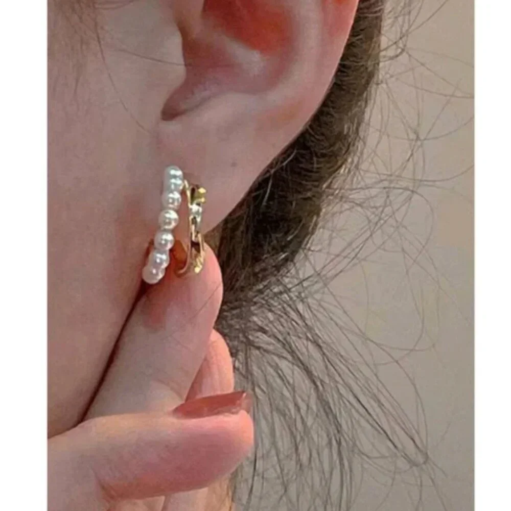 Anthropologie Classy Pearl Stud Half Hoop Earrings